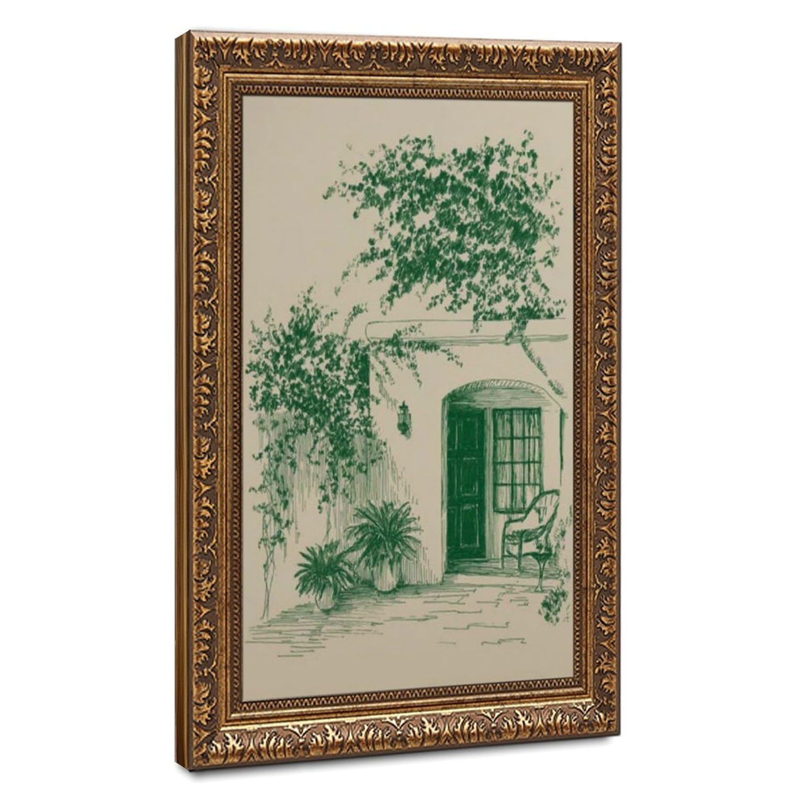 Lxwnze Orange Bougainvillea Courtyard,Mediterranean Garden Art (1) Canvas Poster Bedroom Decor Landscape Office Room Decor Gift 24" L X 36" W