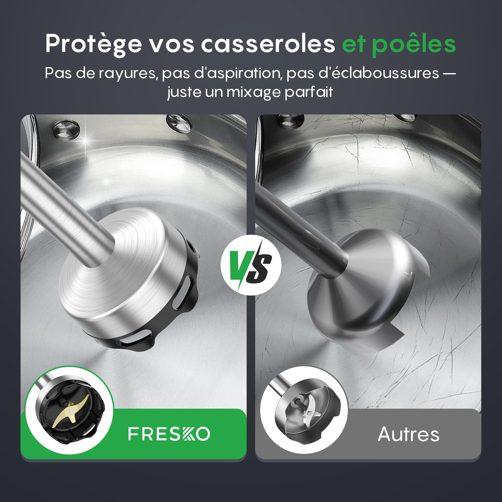 FRESKO Mixeur Plongeant 1000W, Vitesse Variable, Conception détachable | Pied Acier Inoxydable avec Protège-Casserole, pour Bébé, Soupes, Smoothies, Purées et Sauces, Noir