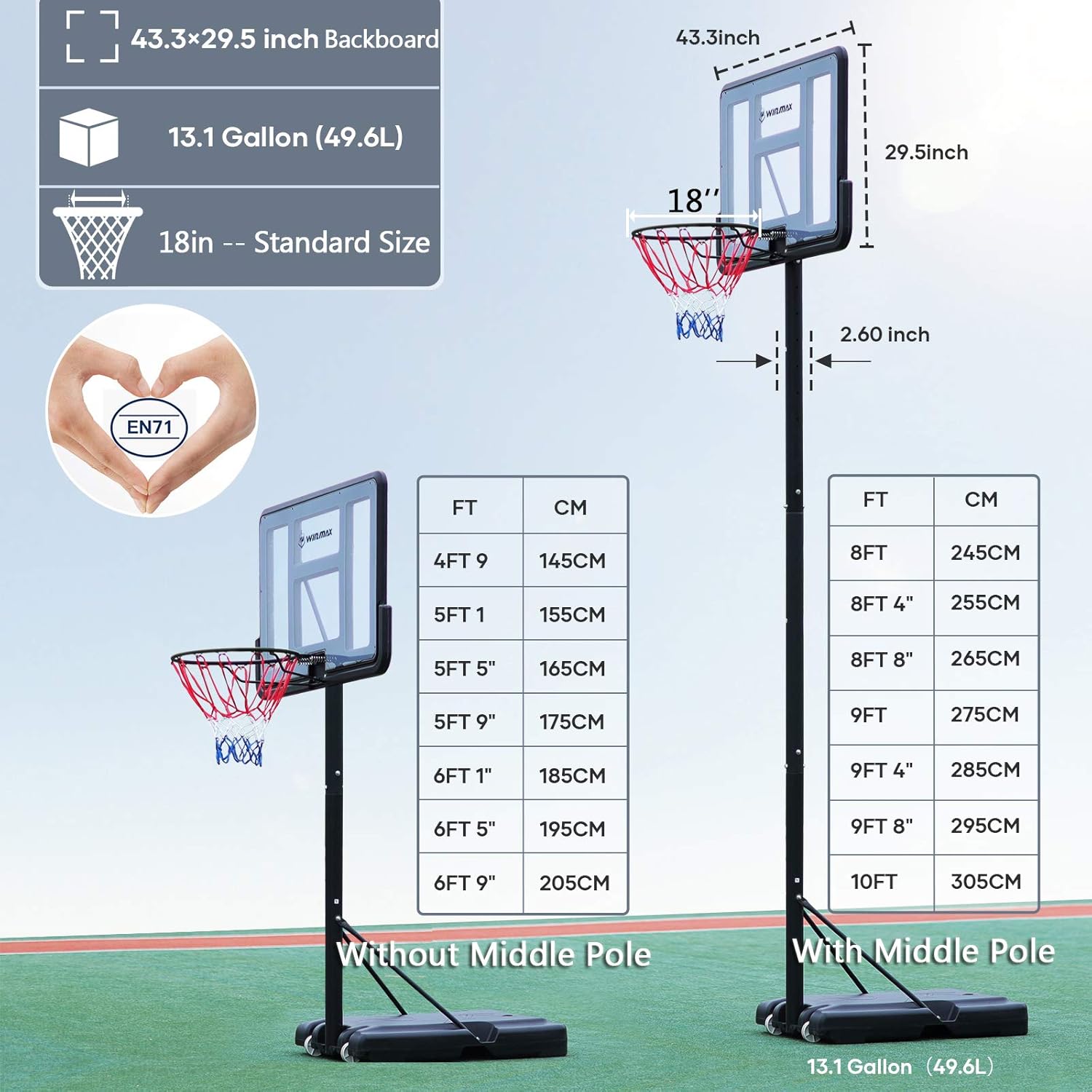 WIN.MAX Portable Basketball Hoop Goal System 4.8-10ft Adjustable 44in Backboard for Kids/Adults Indoor Outdoor : Sports & Outdoors