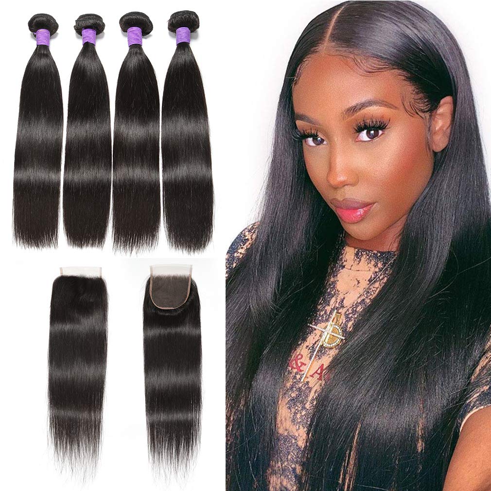Straight Hair Bundles with Closure (20 22 24 26 +18inch) Peruvian Straight Human Hair 4 Bundles with Free Part Lace Closure Straight Human Hair Extensions for Women 1B Color