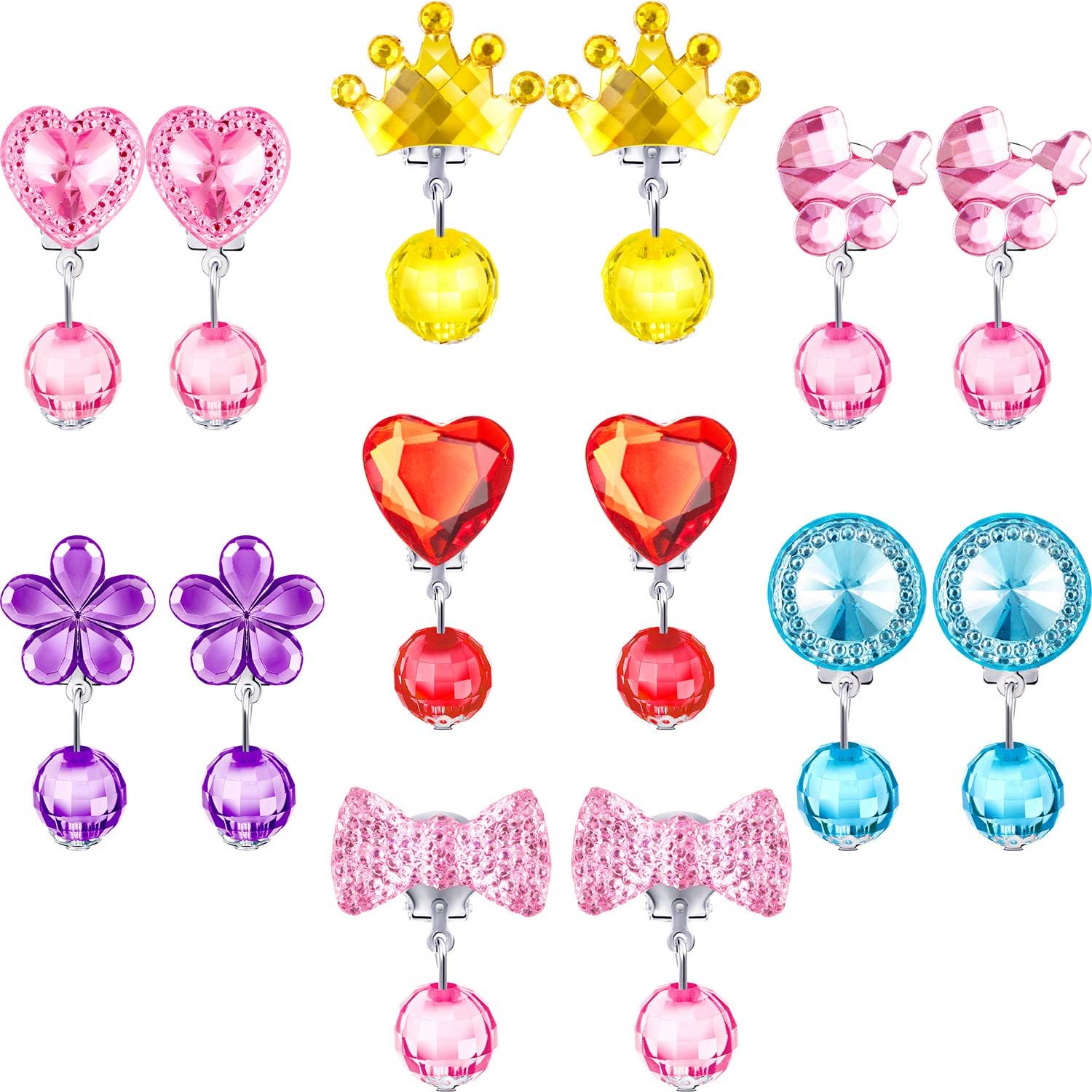 Hicarer 7 Pairs Girls Clip on Earrings Crystal Clip on Drop Play Earrings Girls Pretended Princess Play Jewelry Set with Box