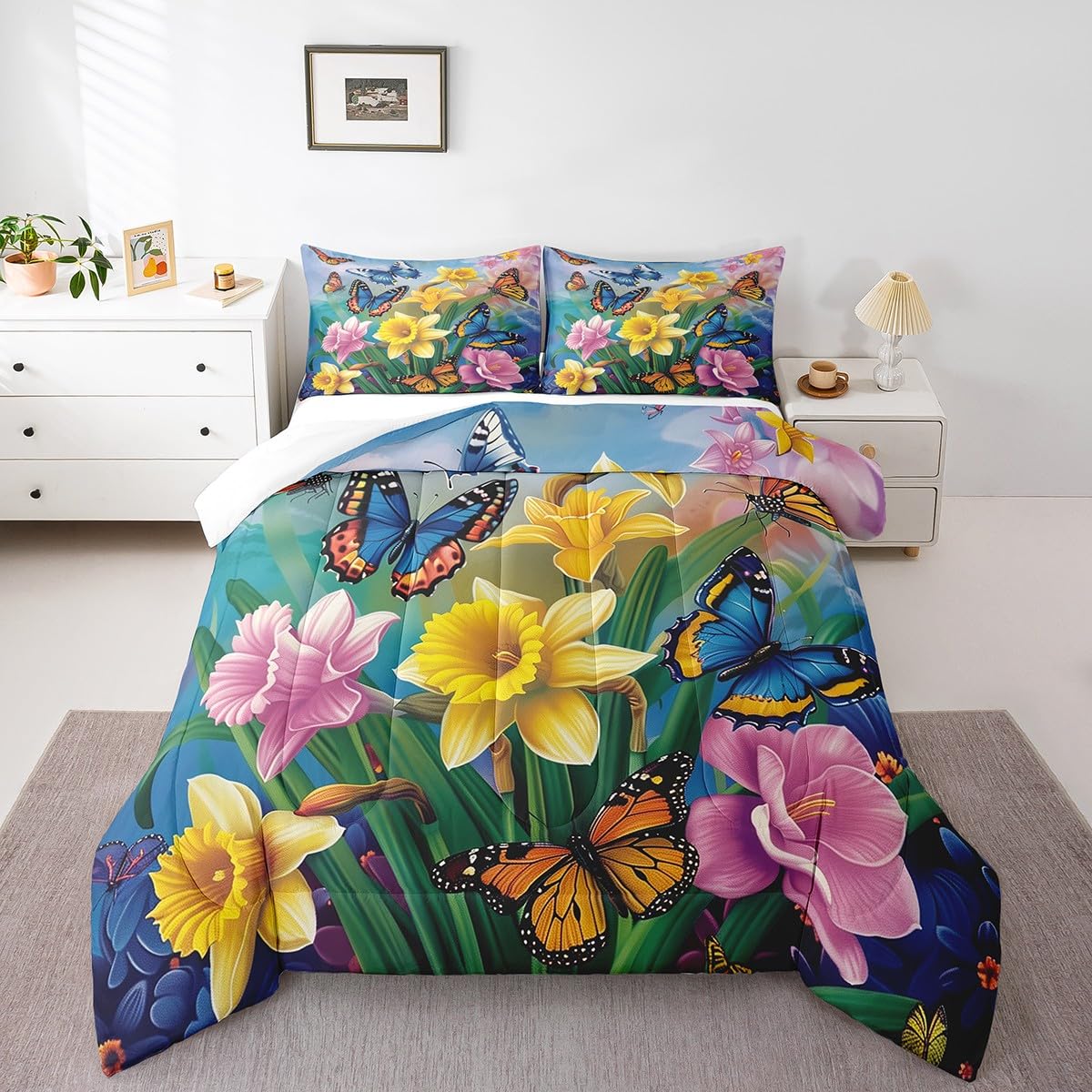 Erosebridal Garden Daffodil Comforter Set Country Farmhouse Bedding Set King Colorful Butterfly Floral Bedding Comforter Sets for Kids Girls Adult Spring Blossom Flower Bed Set Rustic Cabin Decor