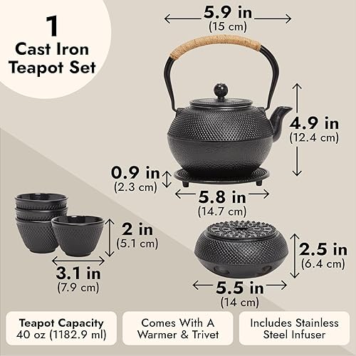 Miniatura 5 de Juvale Hervidor de té de hierro fundido para estufa, juego de té japonés con calentador, salvamanteles, infusor y 4 tazas de té, diseño de clavos