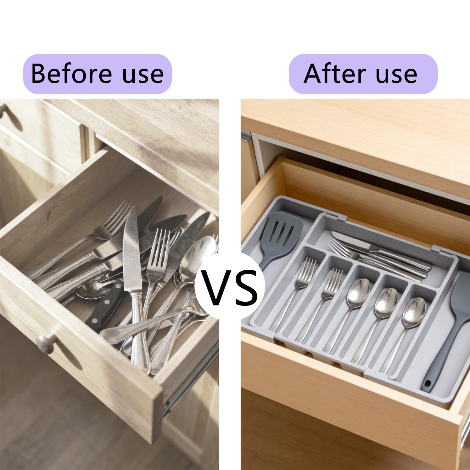 Organizer per cassetti portaposate estensibile, divisori regolabili in plastica, per utensili da cucina, 8 scomparti, 33-57 x 38 cm