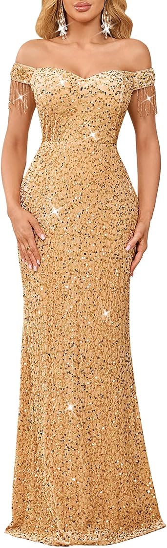 dasmzper Women Off Shoulder Sequin Evening Gown Tassel Sleeve Formal Maxi Dress for Wedding, Prom