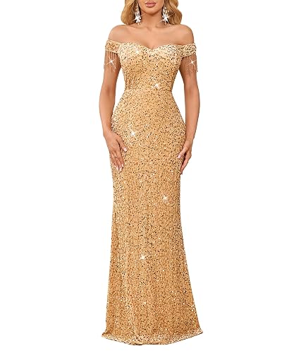 dasmzper Women Off Shoulder Sequin Evening Gown – Tassel Sleeve