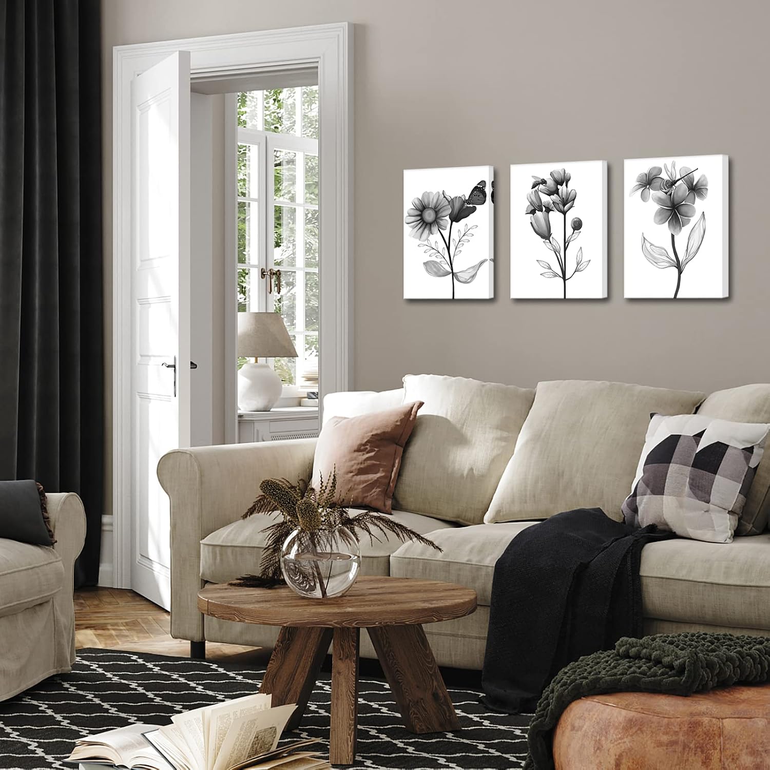 Condition photo showing As Is for sechars 3 piece flower canvas wall art black and white floral painting art prints transparent floral with butterfly picture artwork modern bedroom bathroom decor framed ready to hang (black, small) small black