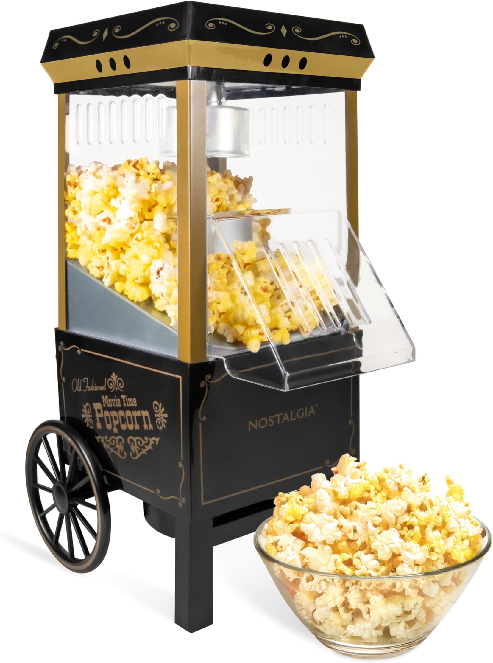 Nostalgia Old-Fashioned Hot Air Popcorn Paker, 12 Cup Vintage Tabletop Popcorn Machine with Measuring Cap for Home, Parties, Movie Night, and Kids, 12 Cup, Black