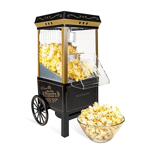 Nostalgia Vintage Hot-Air Popcorn Maker Machine - Makes Up to 12 Cups - Oil-Free - Healthier Popcorn - Classic Stand-Up Cart With Wheels - Includes Kernel Measuring Cup - Black