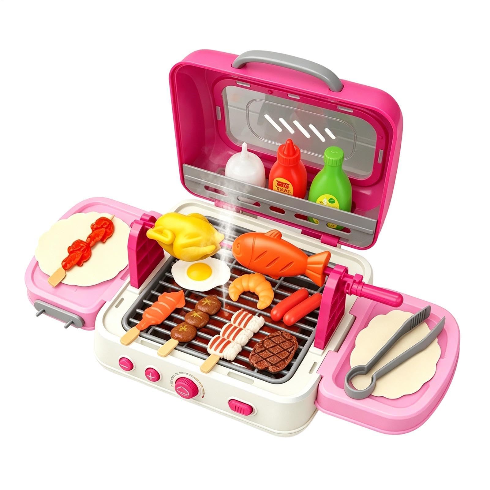 Set di barbecue per bambini, giocattolo pieghevole per barbecue, gioco di ruolo con luce sonora | Giocattolo da cucina interattivo con effetti nebbia per ragazze, feste di gioco indoor e outdoor e campeggio
