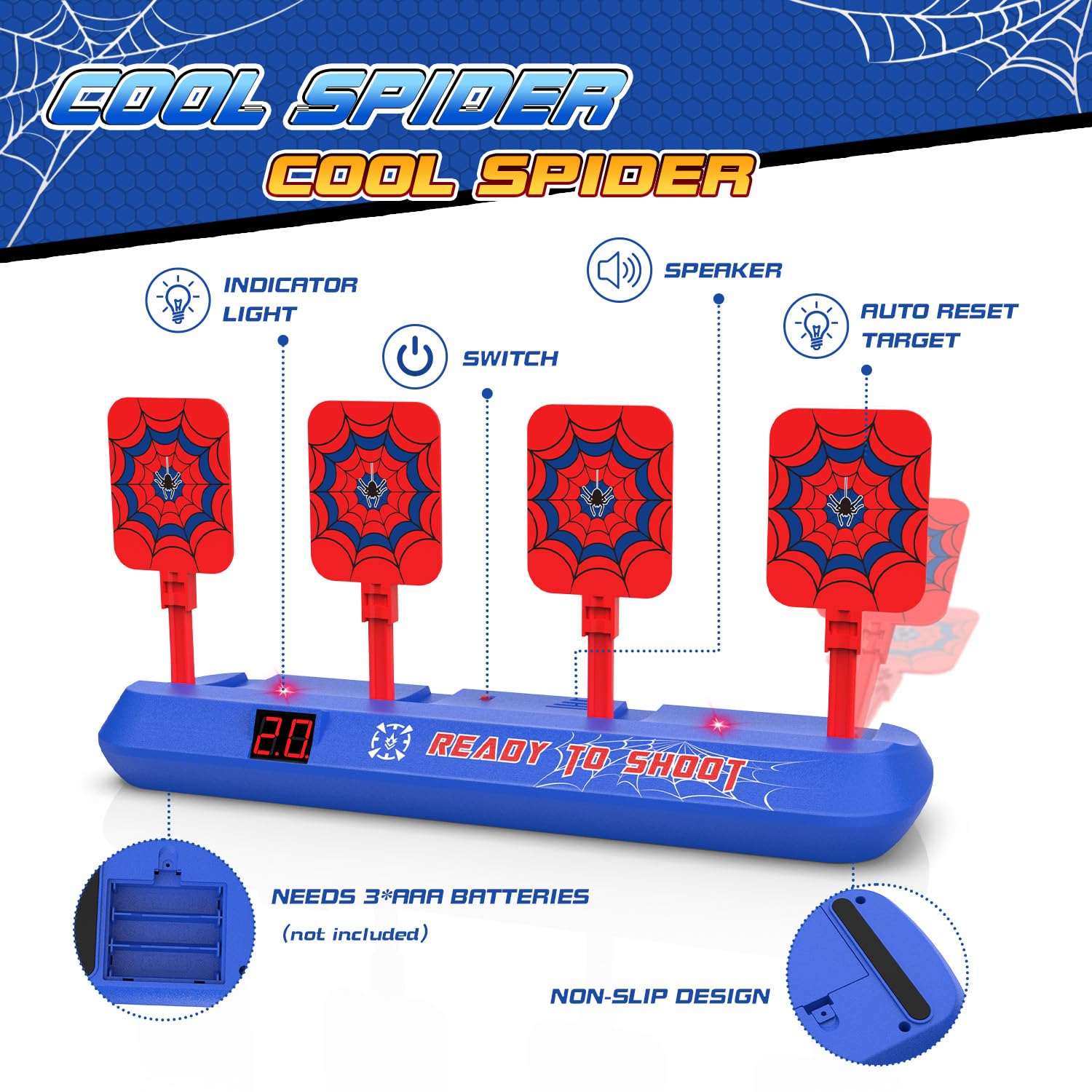 Diana Electrónico con Pistola Juguete, Objetivo de Tiro para Nerf con Restablecimiento Automático, 20 Dardos Juego Infantil, Spider Juguetes Niños 3 4 5 6 7 8 9 10 Años Regalos Cumpleaños Navidad