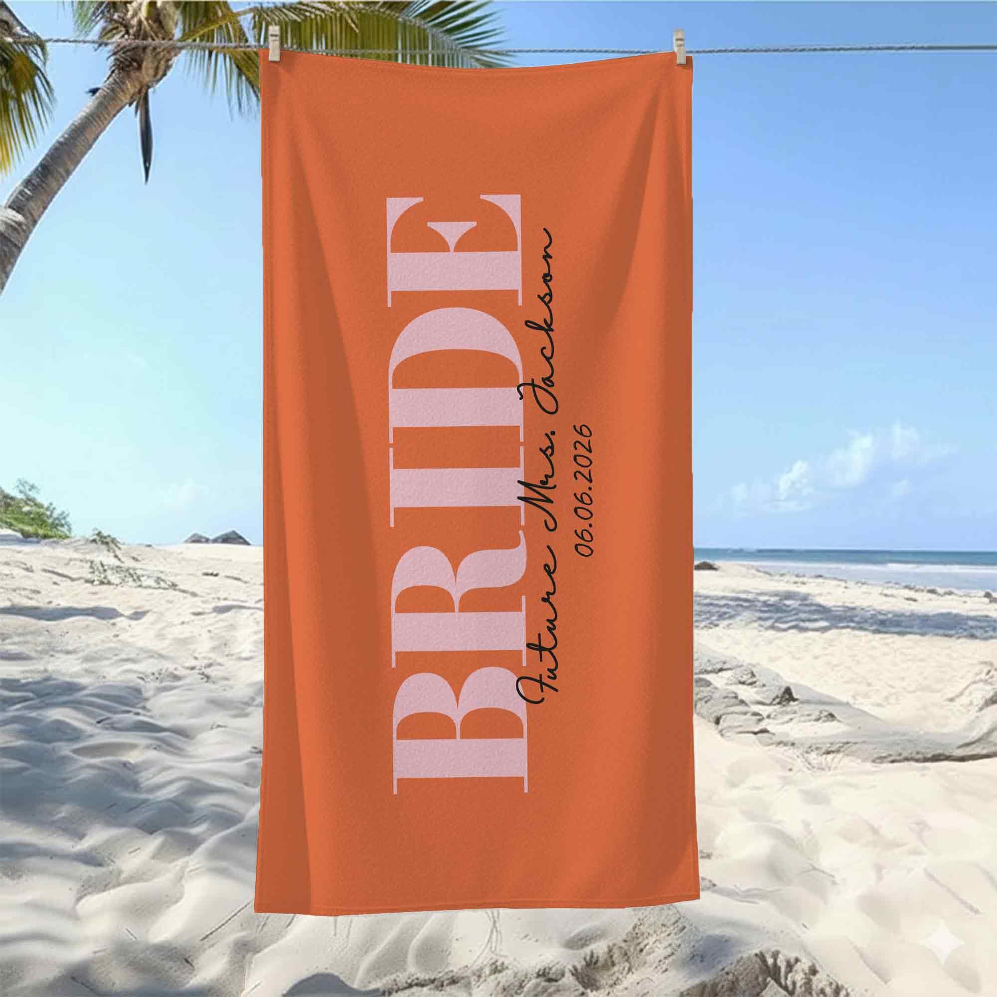 Print Maniacs Personalised Bride Beach Towel with Custom Name Message Microfibre Towel Large Quick Dry Lightweight Travel Towel Hen Party Honeymoon Pool Spa