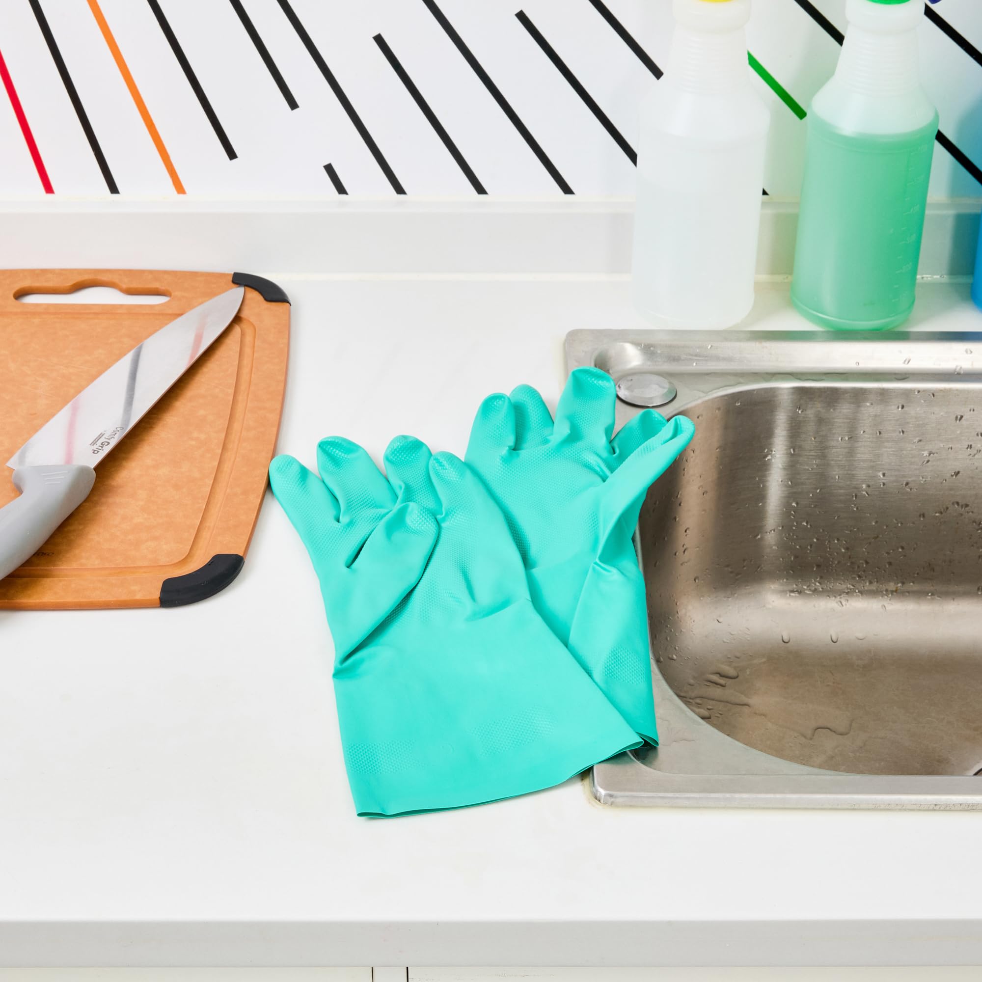 Restaurantware - Clean Tek Professional - Guantes de limpieza grandes de 15 mil, 10 pares de guantes largos, forro flocado, sin polvo, guantes de nitrilo verde tolerantes a productos químicos, sin