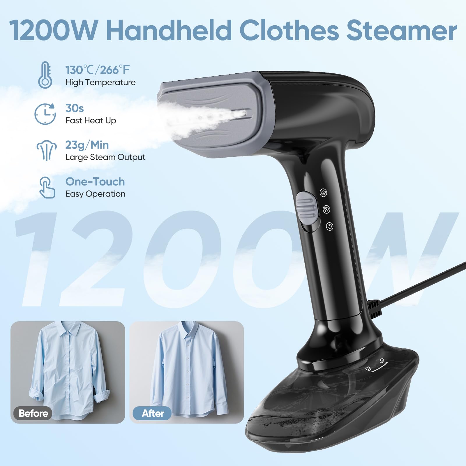 Lisseur à vapeur portable, 1200 W, temps de chauffe de 30 secondes, pression de vapeur de 23 g/min, réservoir d'eau amovible de 300 ml, fer à repasser et défroisseur 2 en 1, défroisseur à main (Noir)