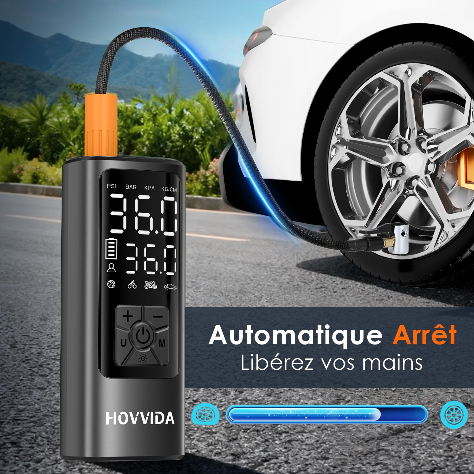 HOVVIDA Gonfleur Pneus Voiture, Compresseur à Air Portatif sans Fil, 150 PSI (10,3 Bar), Gonfleur Electrique, Pompe a Velo, Inflation Rapide, Arrêt Automatique, LED, pour Voiture, Moto, Vélo, Ballon
