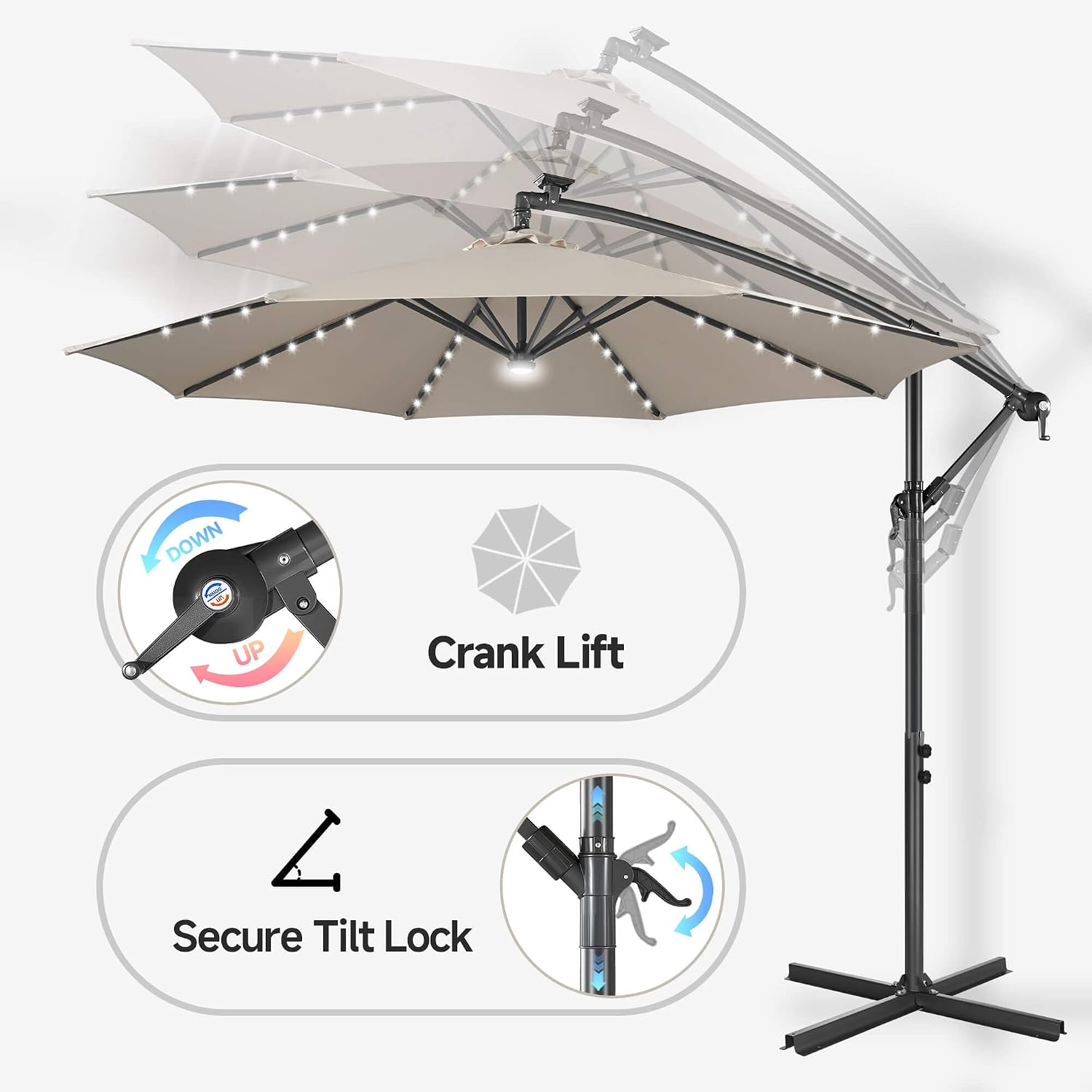FLAME&SHADE 10ft Solar Cantilever Umbrella with 40 LED Lights, Lighted Large Offset Outdoor Patio Umbrellas, 8 Sturdy Ribs, UPF50+ UV Protection for Pool Deck Garden Yard, Taupe