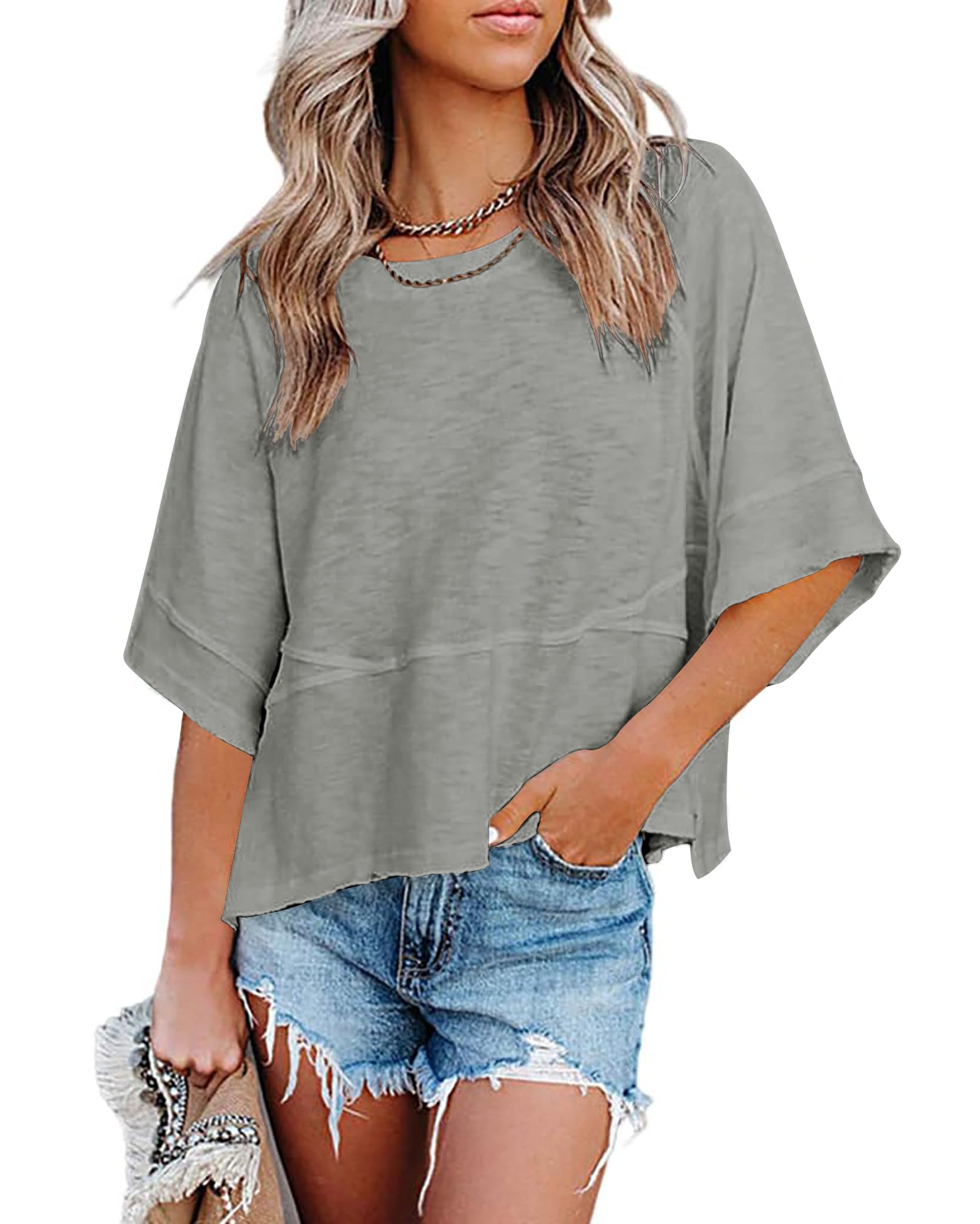 DUOEASE Tshirt Damen Rundhals Locker Crop Top Basic Casual Tee Shirts Einfarbig Sommer Kurzarm Oberteile