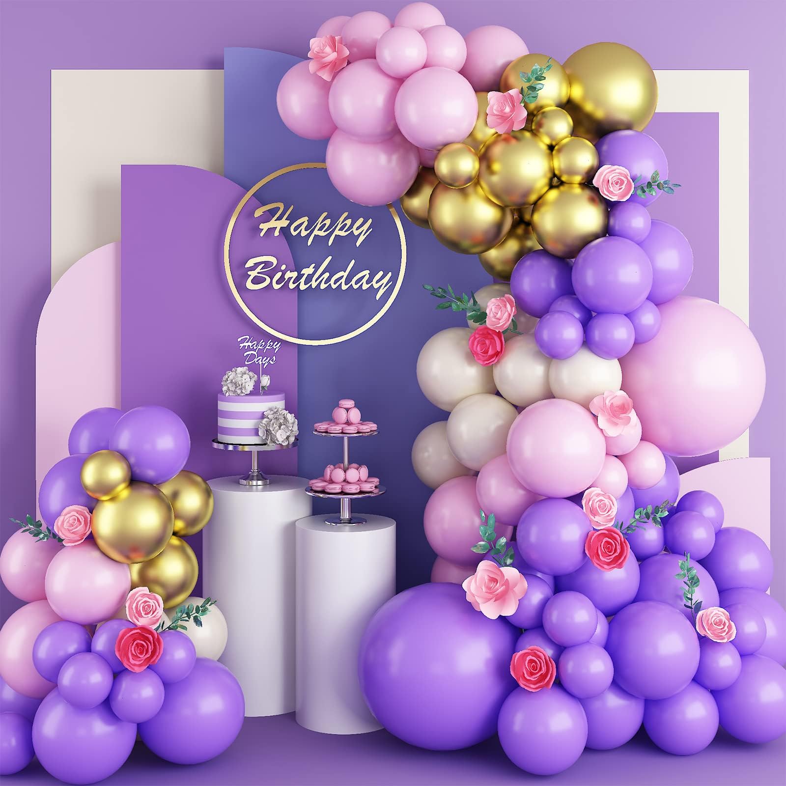 Pink Purple Balloon Garland Arch Kit,Purple Pink and White Metallic Gold Latex Balloons for Baby Shower Wedding Birthday Graduation Anniversary Bachelorette Party Background Decorations
