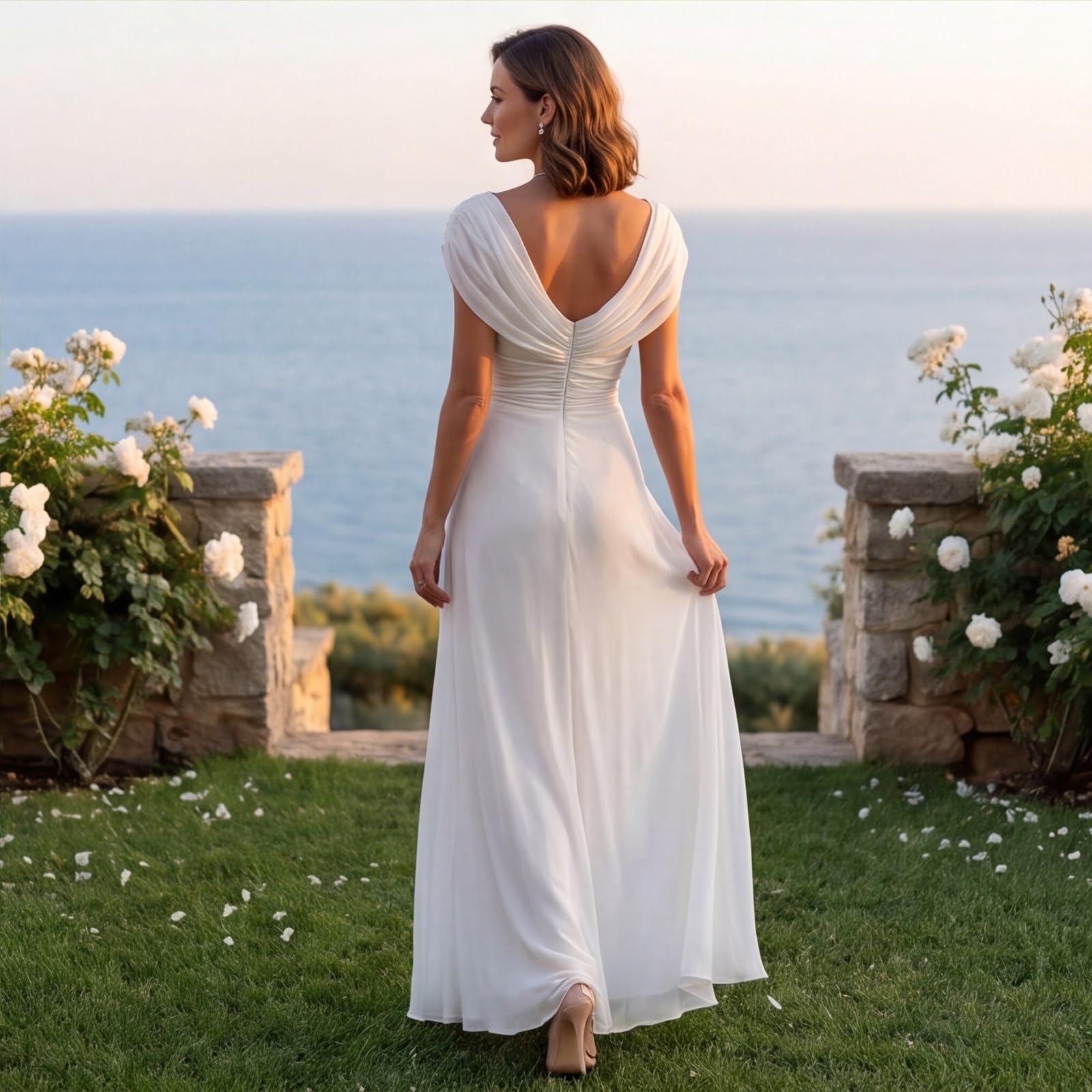 Abendkleider Elegant Für Hochzeit Tüll Ballkleider Damen Lang A-Linie Kleid Hochzeitsgast Cocktail Festliche Kleider Schlitz Plissee Abschlusskleid Wasserfallausschnitt Brautkleid Maxi Rückenfrei