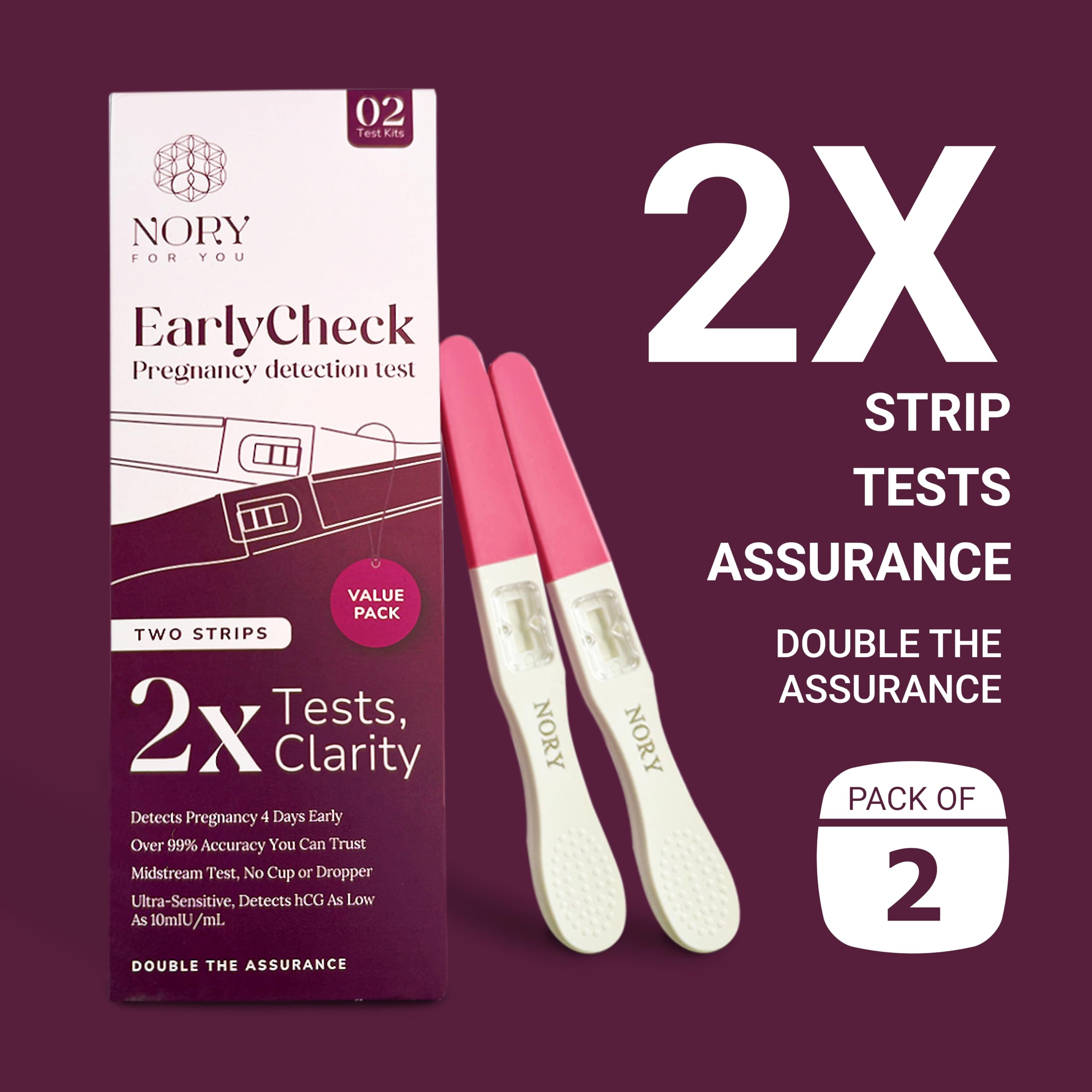 NORY EarlyCheck Pregnancy Test Kit – 2 Midstream Tests, Over 99% Accuracy, Ultra Sensitive HCG Detection (10mIU/mL), Early Pregnancy Detection, No Cup or Dropper Needed (Pack of 2) - Image 2 thumbnail