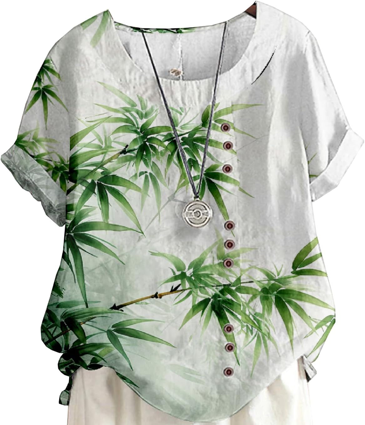 Women’s Vintage Linen Tops Short Sleeve Boho Summer Graphic Tees Tunic Shirts Casual Loose Button Blouses