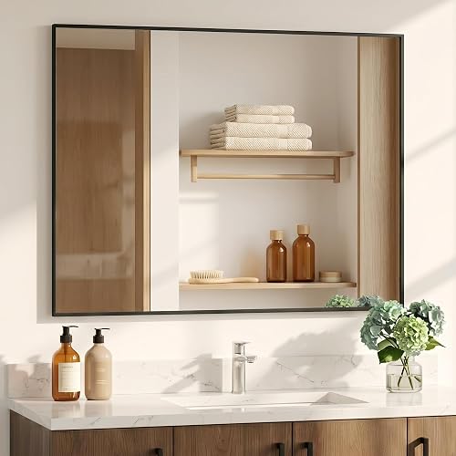 48"x36" Black Landscape Bathroom Mirror for 48-60 inch Vanity, Shatterproof Tempered Glass, Narrow Metal Frame, Large Mantle Mirror