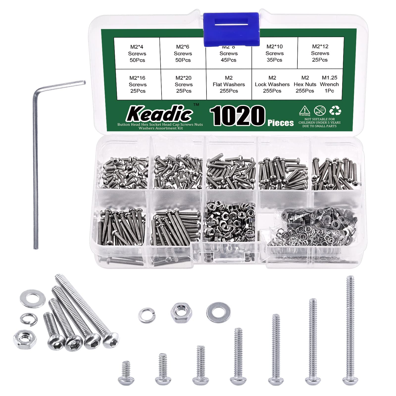 Keadic 1021Pcs M2 7 Sizes Hex Socket Button Head Cap Screws Assortment Kit
