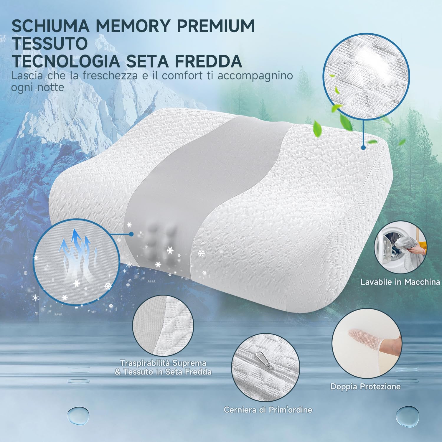 Zibroges Cuscino Memory Foam Cuscini Letto Confortevole per il Collo, Ideale per Chi Dorme di Fianco, sulla Schiena o sulla Pancia, Federa Lavabile, 60x40cm