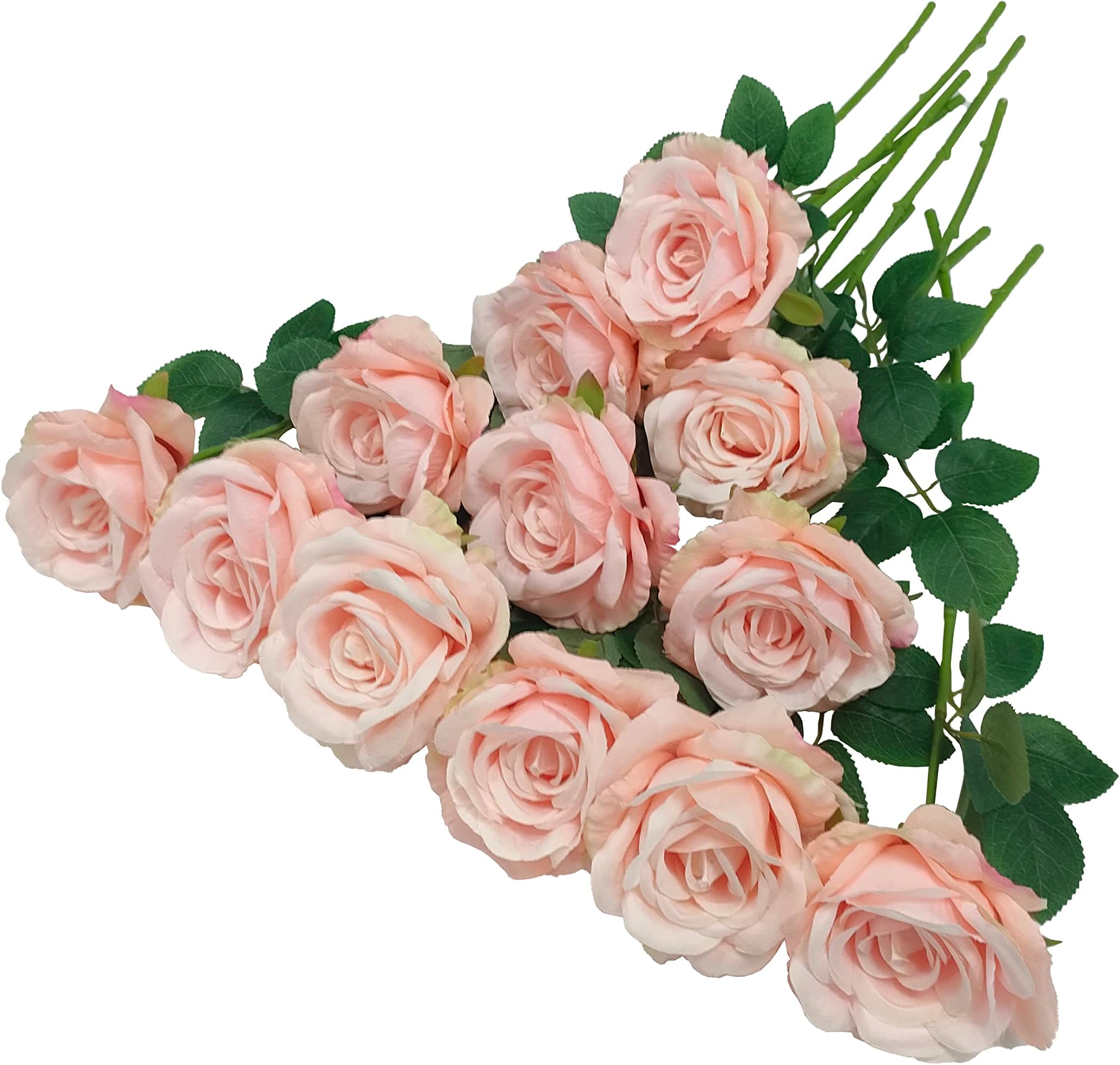 ATFL Blush Flowers,12 Pcs Blush Pink Roses,Light Pink Artificial,Flower Diameter 4'',Artificial Roses with Stems for Wedding Arrangement Centerpieces Party Home Table Decorations(Blush Pink)