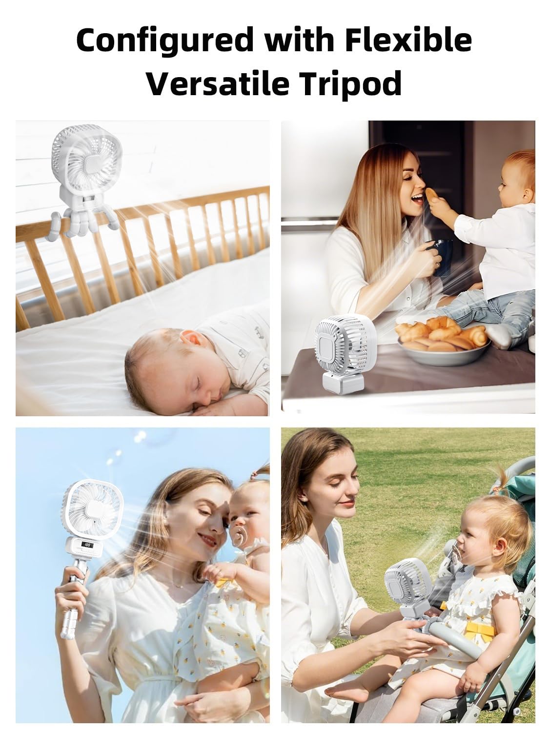 Ventilateur Portable Poussette avec 10000mAh, 3 Vitesses Ventilateur Rechargeable à Rotation 270°, Ventilateur USB Silencieux avec Support Amovible et LED Convient aux Poussette, Lit bébé, Blanc
