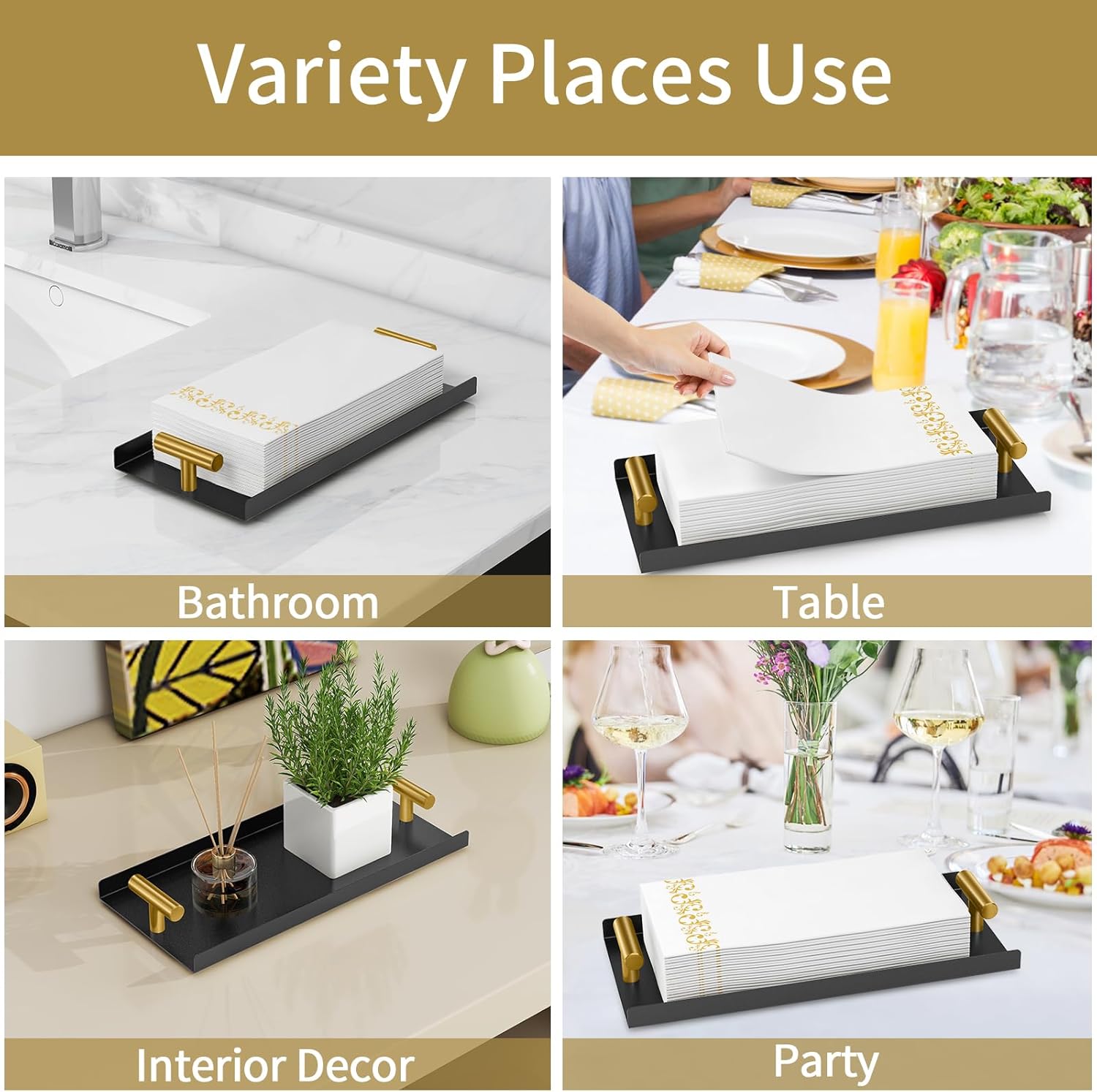 Napkin Holder for Bathroom, Guest Towel Holder Tray for Bathroom, Black Guest Napkin Holders with Golden T-Handle, Disposable Hand Towel Tray for Guest Room, Table, Kitchen - Image 6