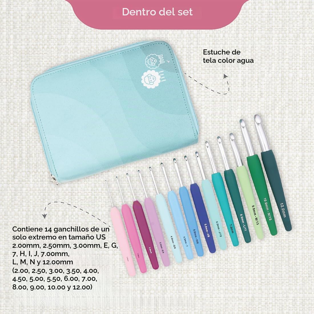 KnitPro Waves - Juego de ganchos de ganchillo – Juego de 14 ganchos grandes, tamaños 2 – 12 mm, asas ergonómicas suaves, agarre de goma suave para manos artríticas, agujas de ganchillo ligeras y