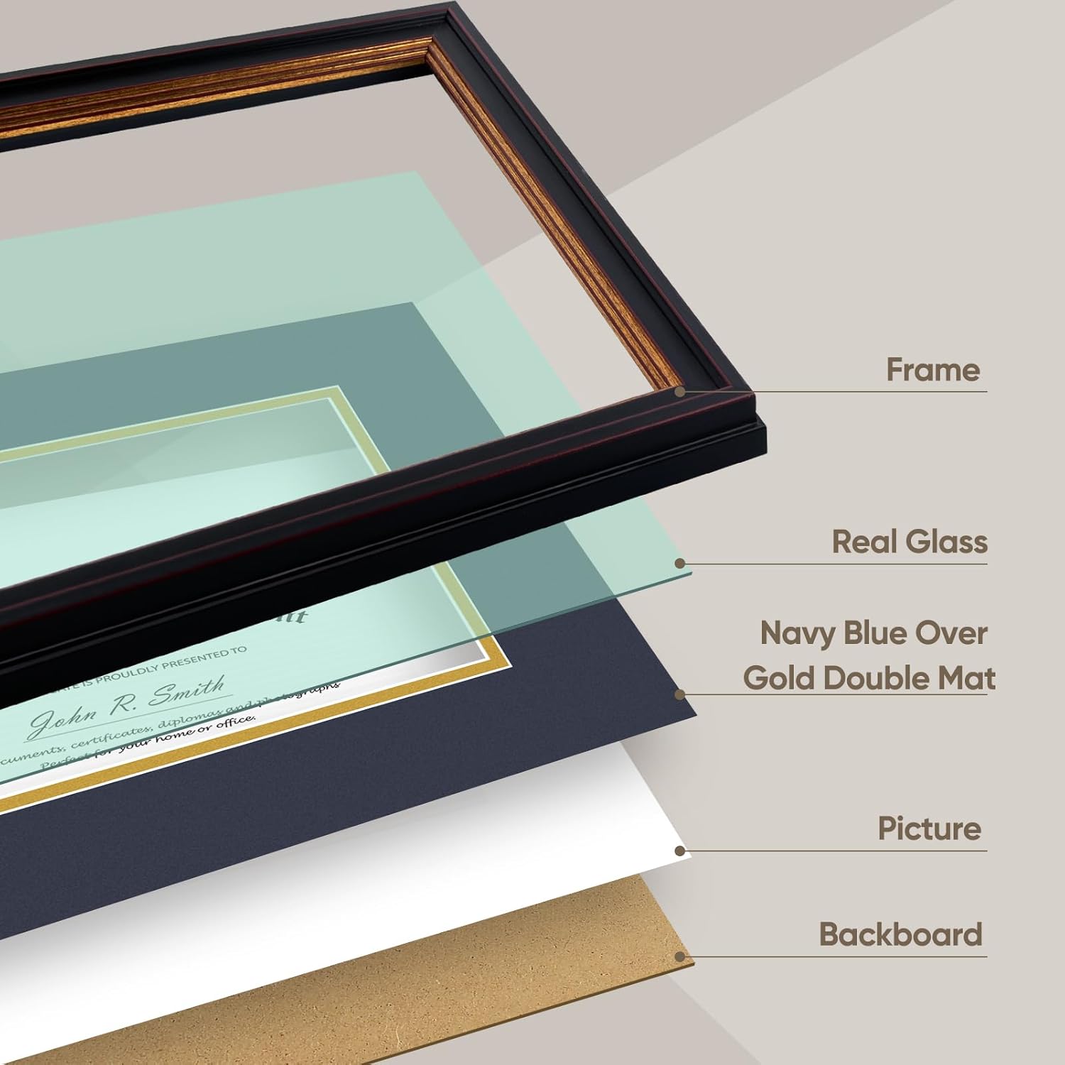 Golden State Art, 11x14 Document Frame for 8.5x11 Diploma/Certificate/Picture, Sawtooth Hangers for Wall Mounting with Real Glass, Black Gold & Burgundy Molding (Navy Blue/Gold Double Mat)