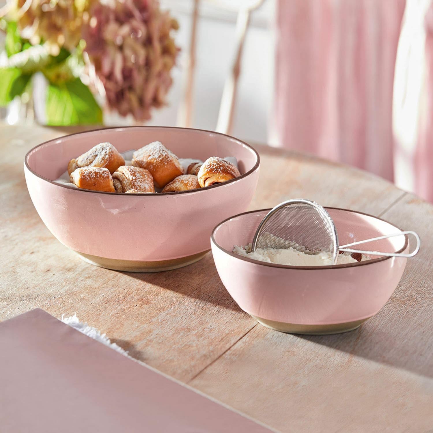 LOBERON Schüssel 2er Set Biarré, zwei Größen, stapelbar, mediterraner Charakter, schlichtes Design, Geschirr, Tischaccessoires, Küchenzubehör, Steinzeug, rosa