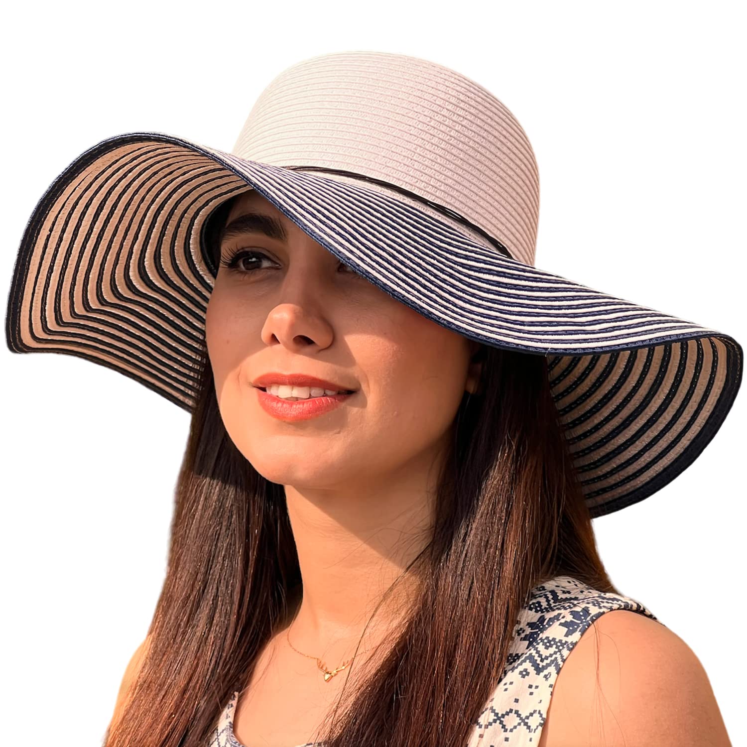 Woodland Leather Sombrero de sol para mujer, ajustable, plegable, de ala ancha, para mujer, protección UV UPF 50+, elegante sombrero de playa de paja, perfecto para el verano, Tira negra, M/L
