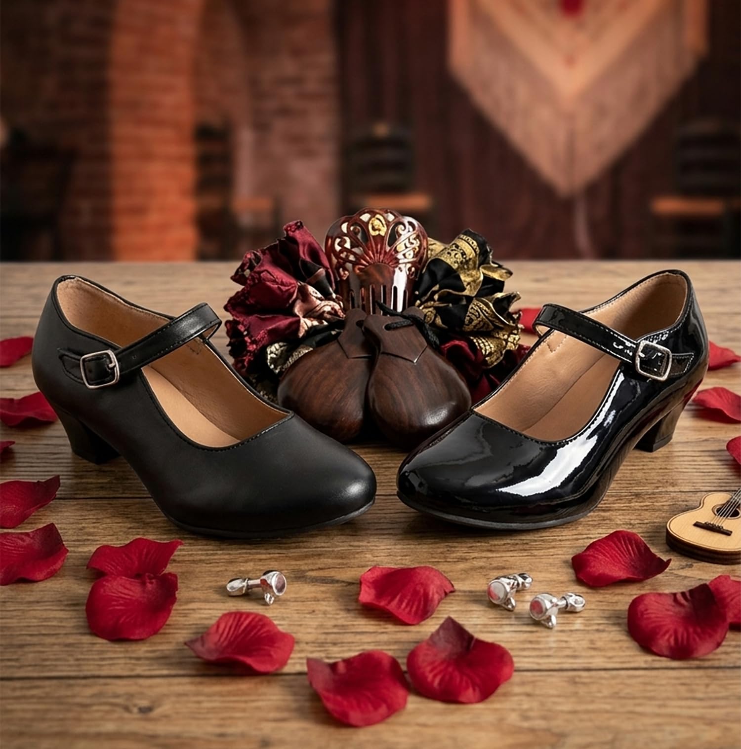 Zapatos Flamenco Niña Baile Danza Sevillanas con Tacón Correa Ajustable, Suela Antideslizante