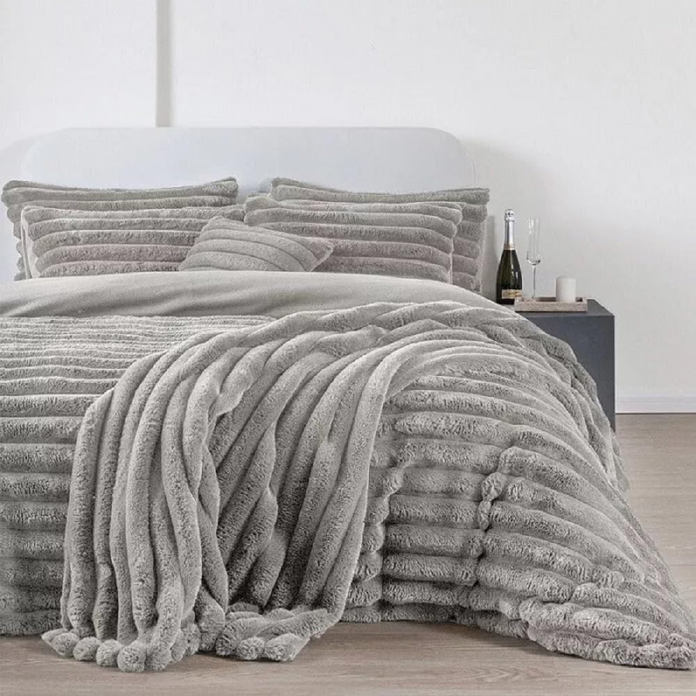 VL Winter Teddy Fleece Cord Bedding Set – Warm & Fluffy Duvet Cover with Pillow Cases – Smooth Thermal Bed Set (Silver, Double Duvet Set (198x198 cm))