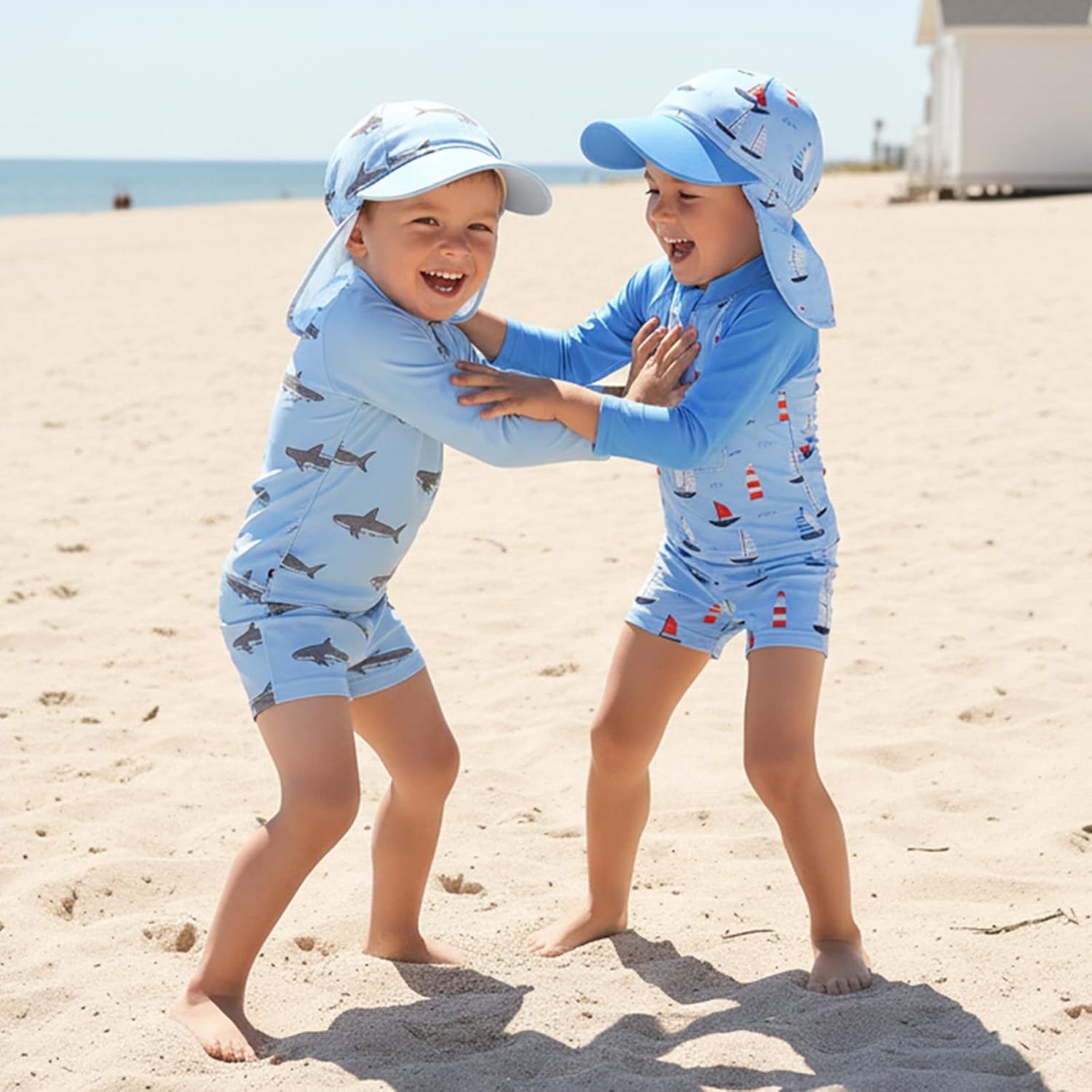 Toddler Boy 4th of July Swimsuit Long Sleeve Rash Guard Shirt Swim Trunks Sun Cap 3 Piece Baby Bathing Suit