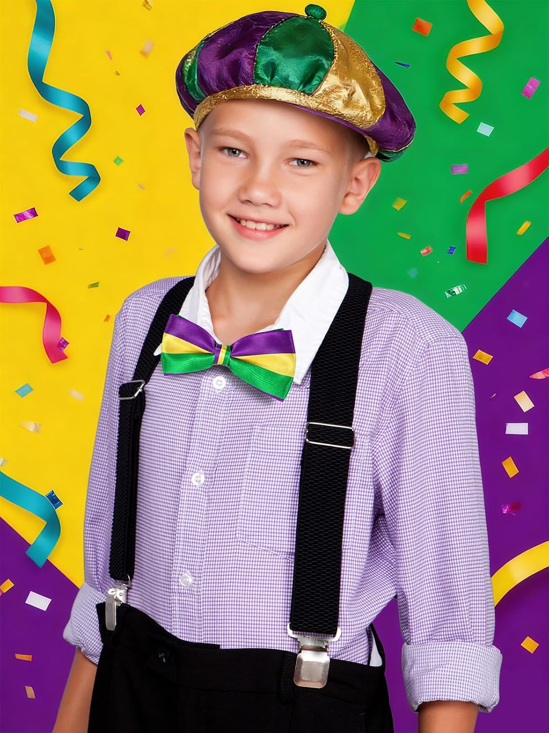 Mardi Gras Bow Tie for Men, 2-Pack Bow Ties (Striped and Sequin), Adjustable for Adults Kids, Purple Yellow Green Mardi Gras Accessories, Gift Bow