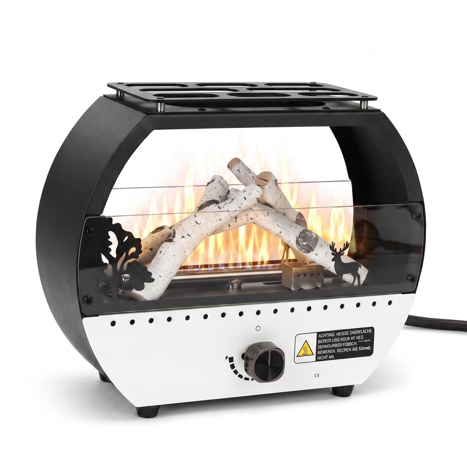 GFTIME Tragbare Gasheizung 10000 BTU, Outdoor Camping Heizer mit dekorativem Flammeneffekt, Gas Feuerstelle mit Grillplatte, Kippschutz & Flammenschutz, für 1 lb und 20 lb Gasflaschen, Schwarz