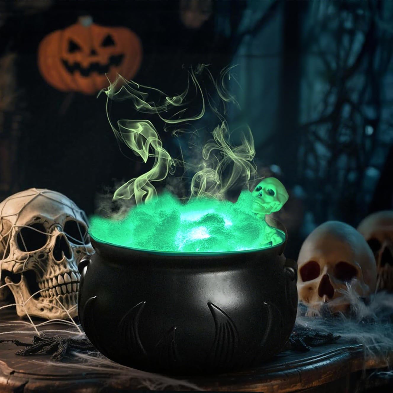 halloween indoor outdoor decorations, large witches cauldron set with skeleton - black witch themed skeleton halloween party decor for table desk mantel room home