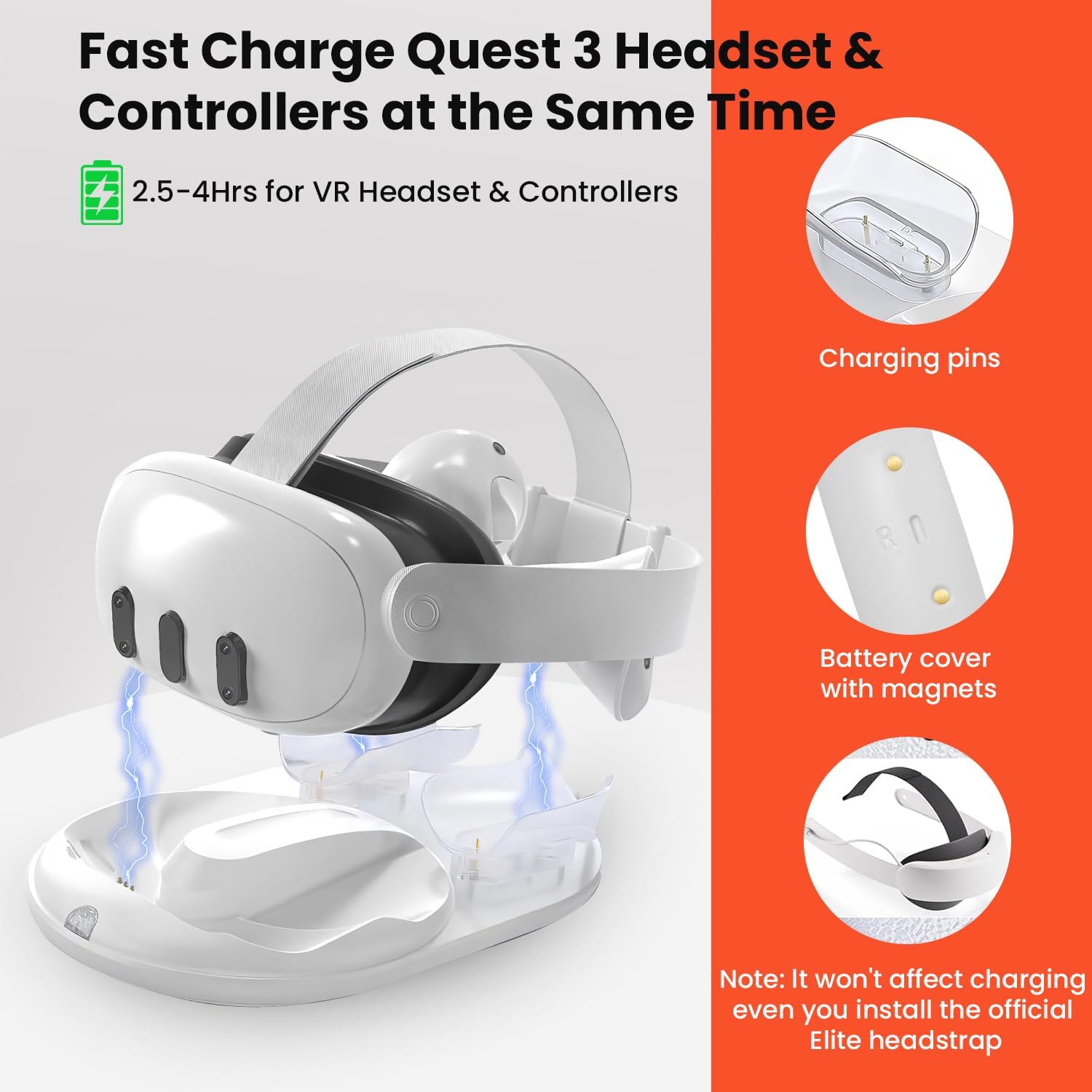 GEEKERA Charging Dock for Meta Quest 3, Fast Charging Stand for Quest 3 with RGB Lights, 2 Rechargeable Batteries, Magnetic VR Accessories Charger for Oculus 3 VR Headset and Elite Strap - Image 2