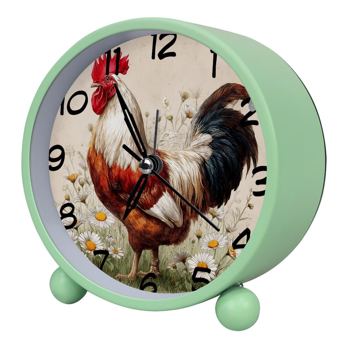 Luoweisi Analog Alarm Clock Rooster Daisies, Silent Non-Ticking with Night Light, Battery Operated, Round Desk Alarm Clock for Office, Bedroom, Elderly, Adults, Children, Student Gifts