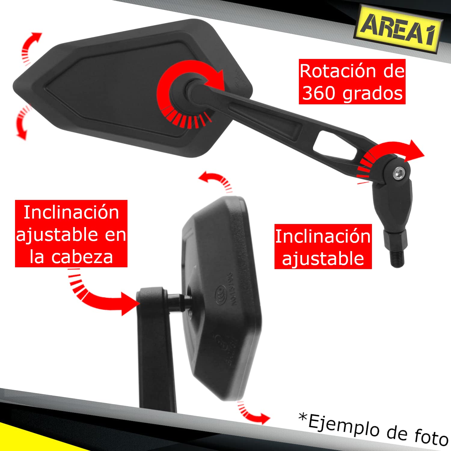 Area1 Espejos Retrovisores Moto Universal Homologado, Rojo, Par de Espejo Moto (2xM10 Rosca derecha) compatible con Aprila