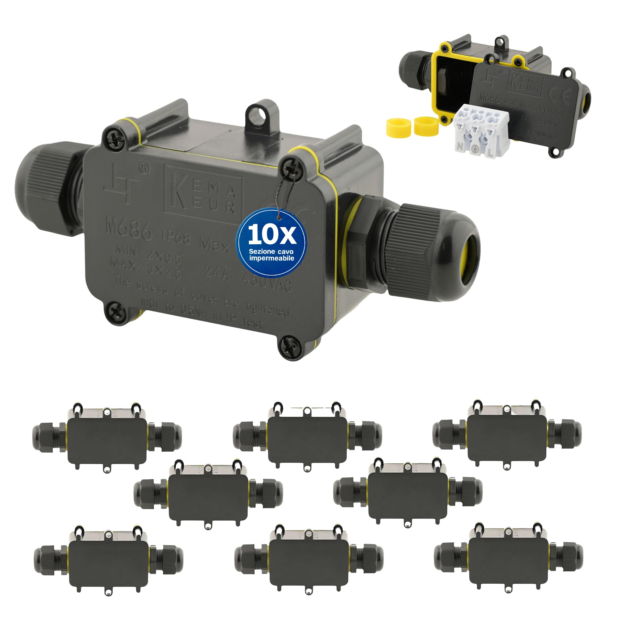 Scatola di giunzione impermeabile Intratec 10x con 2 aperture per cavi da 5-12 mm – Scatola di distribuzione esterna impermeabile IP68 installazione in giardino e cavi interrati – 138 x 43 x 36mm