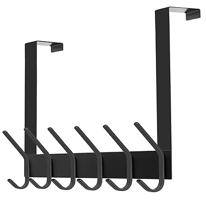 DOKU Over The Door Hook, Stainless Steel Heavy Duty Over Door Hanger Holder for Coat Robe Hat Clothe Towels Hanging, Bathroom Organizer Towel Rack 12 Hooks, Matte Black