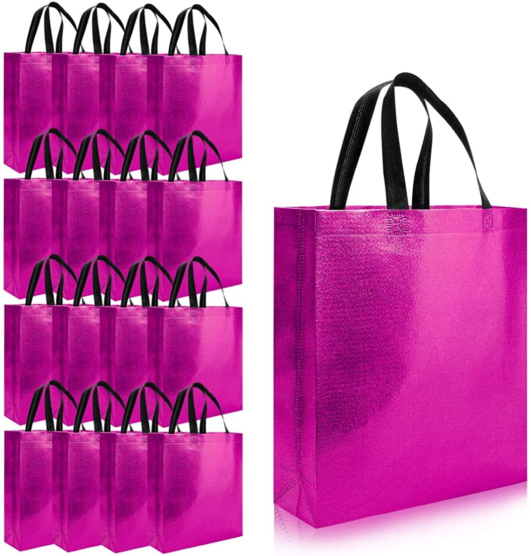 Lavya Medium Size Pack of 10 Pcs Glossy Metallic Laminated Non-Woven Reusable Eco-Friendly Party Return Gift Bags (Hot Pink) (Medium 12x13x4 Inch)