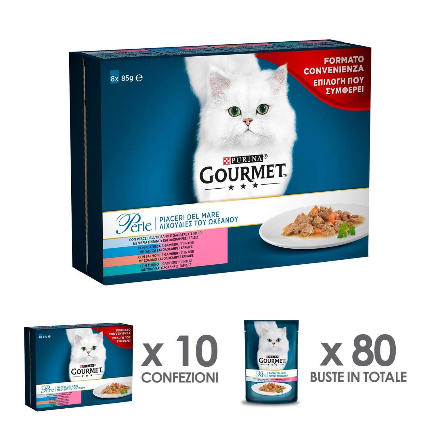 GOURMET Perle mokra karma dla dorosłych kotów, przysmaki na morzu z rybą oceanową, płaskownica, łosoś, tuńczyk, 48 worków 85 g