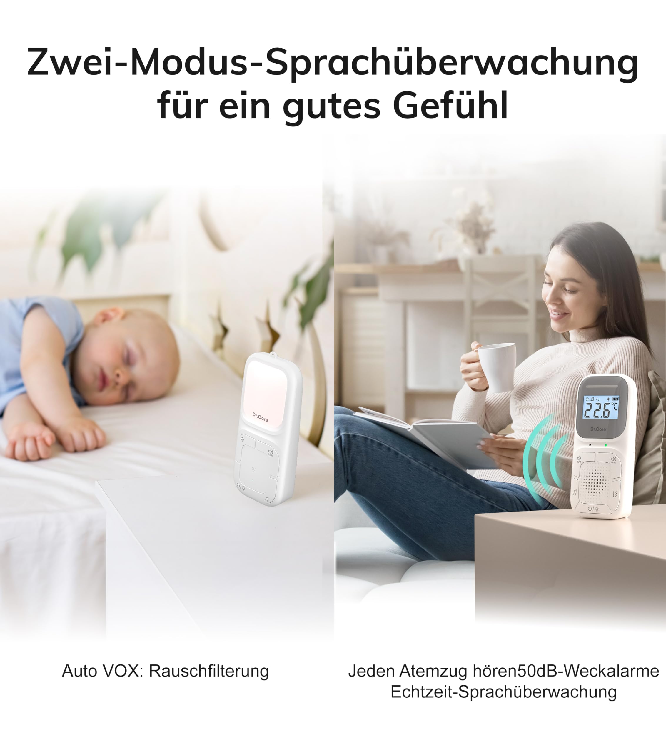 Dr.Care NeoGo Audio Baby Monitor – Vorgepaart, Gegensprechfunktion, VOX, Nachtlicht, Schlaflieder, Vibrationsalarm, 300 m Reichweite, Akku, Clip & Trageschlaufe, Kein WLAN