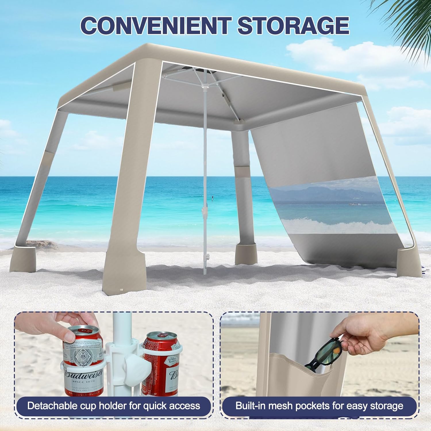 Beach Tent,8'×8' Large Beach Canopy for 4-6 People,Easy Setup Beach Sun Shelter with UPF 50+ Protection,Adjustable Height & Wind Resistant Beach Cabana for Family,Party (Khaki - Solid)